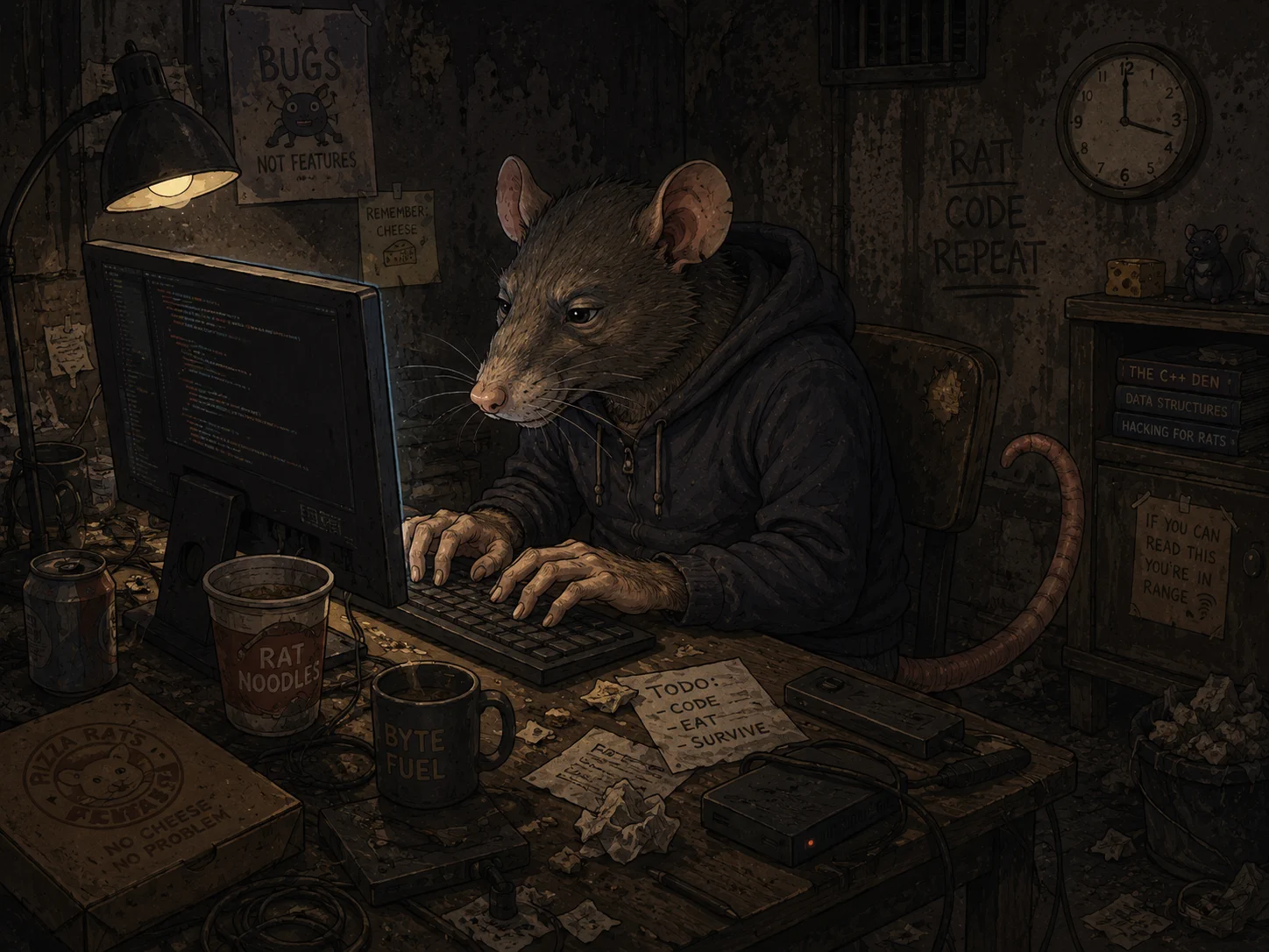 Illustrated rat programmer representing Jonny Dredd at a computer