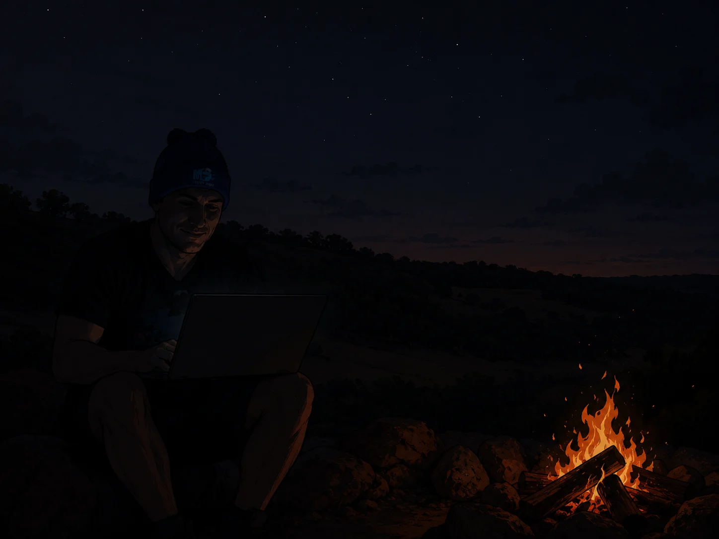 Illustrated portrait of Joshua Fraser using a laptop by a campfire at night
