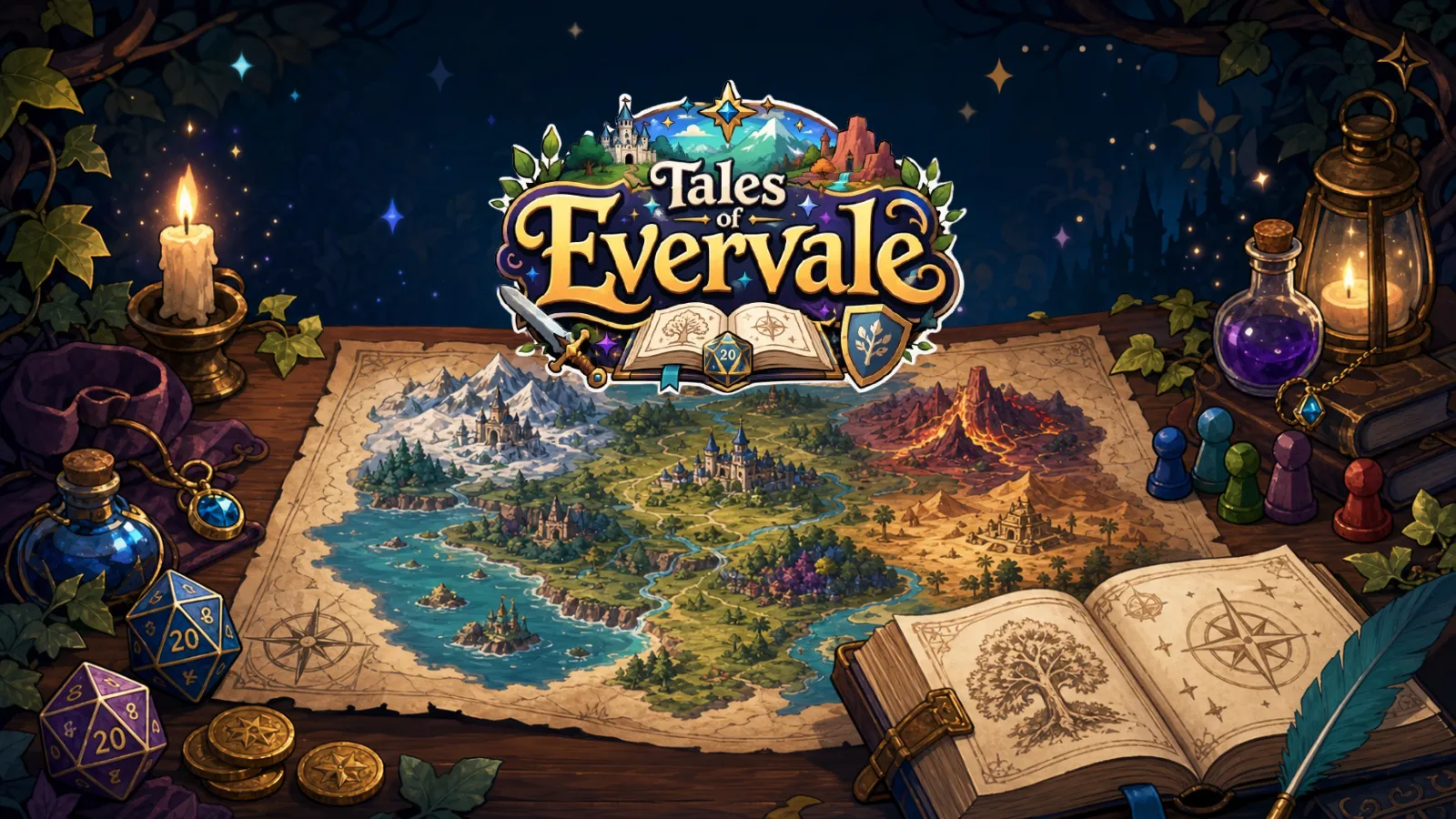 Tales of Evervale artwork with the game logo above a fantasy map and candlelit tabletop